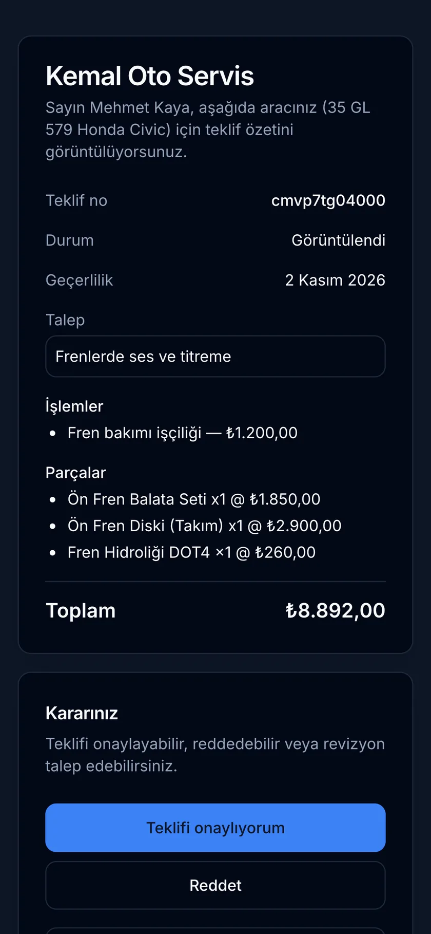 Müşterinin telefonunda teklif sayfası: işlemler, parçalar, toplam ve teklifi onaylama, reddetme düğmeleri